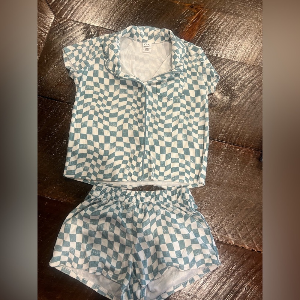 Teal and white checkered pajama short set- ART CLASS